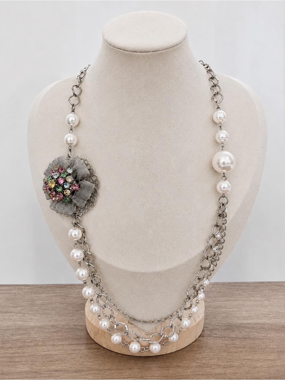 Vintage‎ Signed Faux Pearl & Rhinestone Statement Necklace – 24" + Extender
